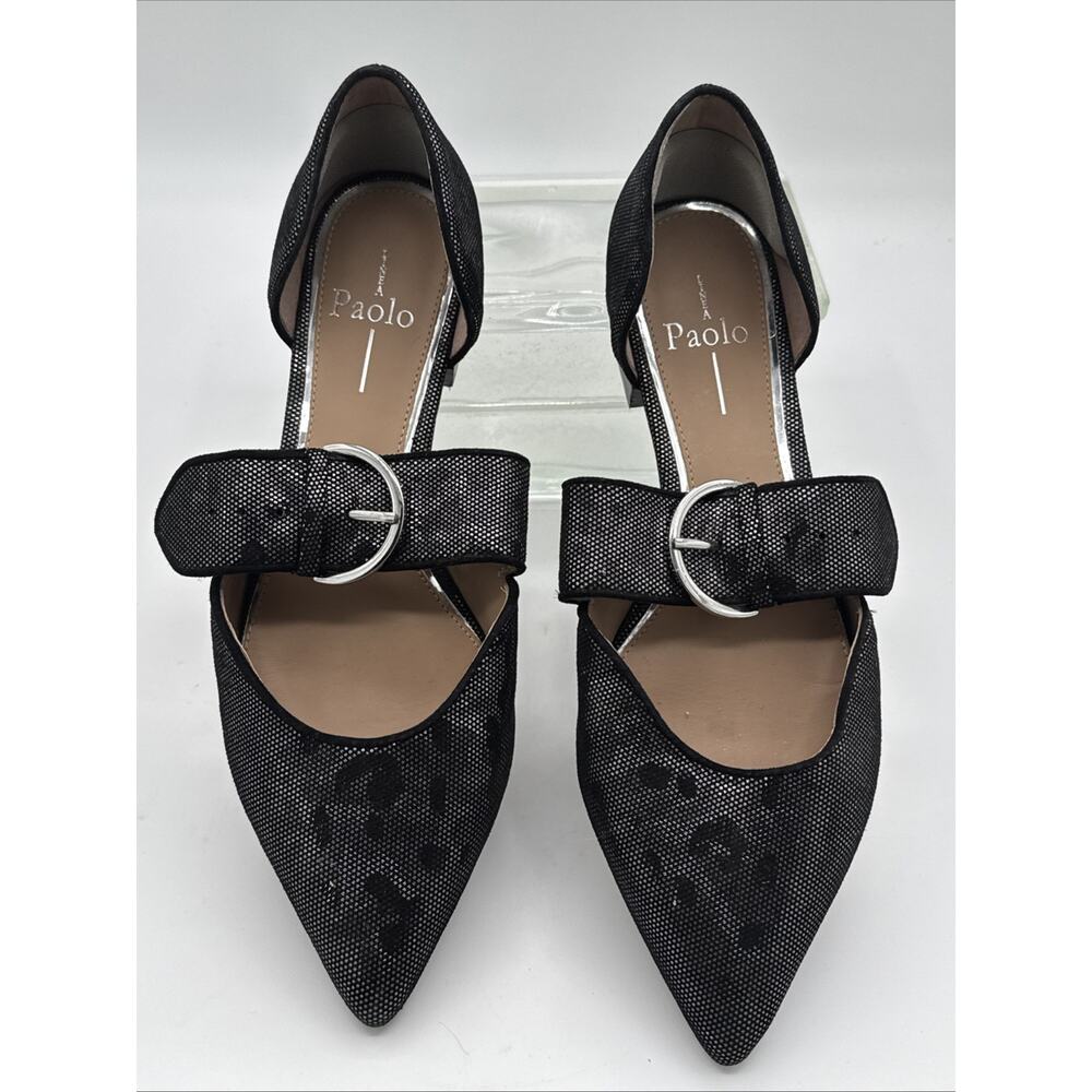 Linea Paolo Black Pointed Toe Mary Jane Flats Size 8.5 Silver Buckle Detail